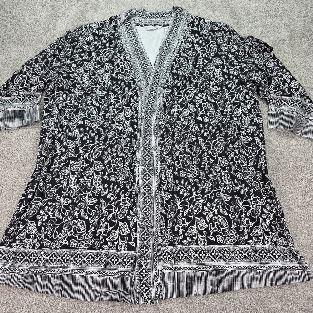 Isaac Mizrahi Live Black White Indienne Floral Knit Cardigan 2X NEW